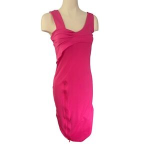 Hot Pink Asymmetrical Ruffle Midi Dress with Adjustable Zipper Slit Bodycon